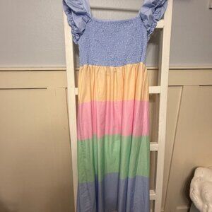 Women's Size Small Pastel Colorblock Smocked Midi Dress Puff Sleeve Summer